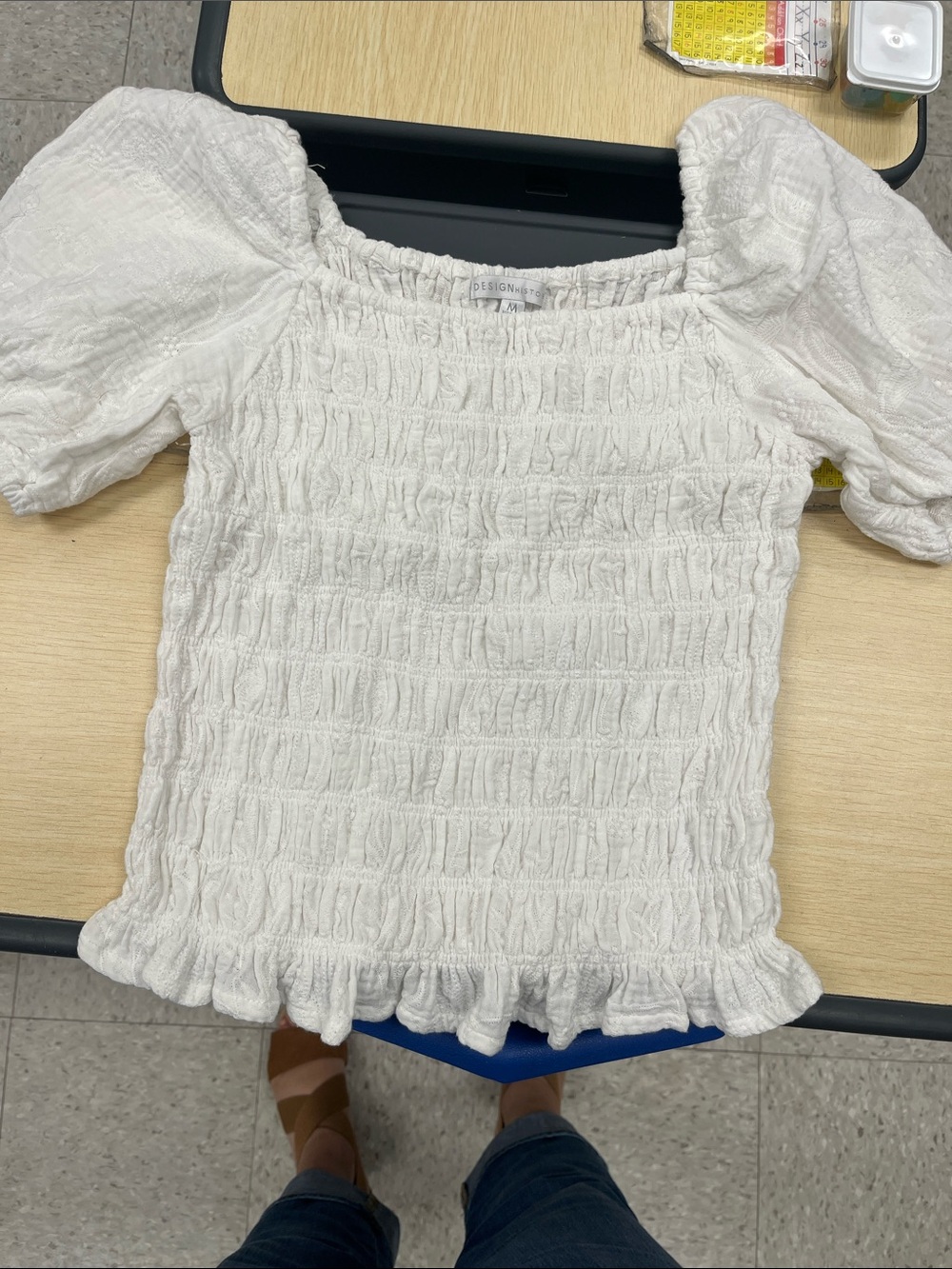 Design History White Smocked Square-Neck Puff Sleeve Top